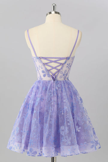 Purple A Line Spaghetti Straps Corset Sequin Cocktail Dress